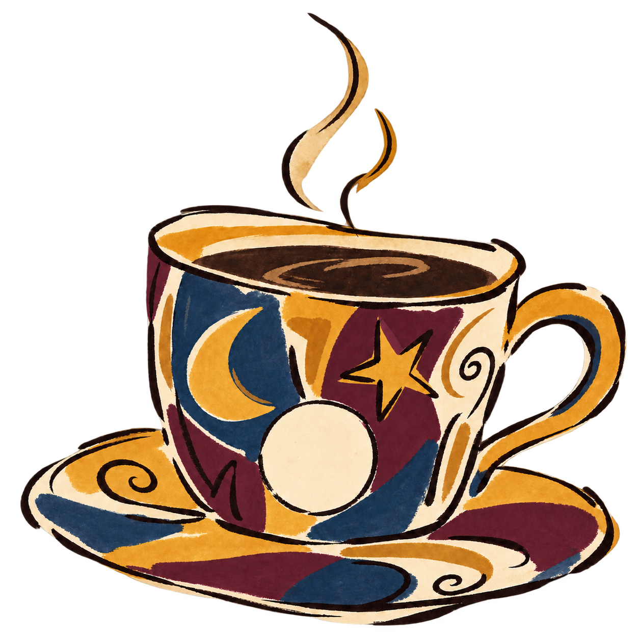 Brew Velvet Coffee illustration of a hand-painted celestial coffee cup with a moon, star, and live clock